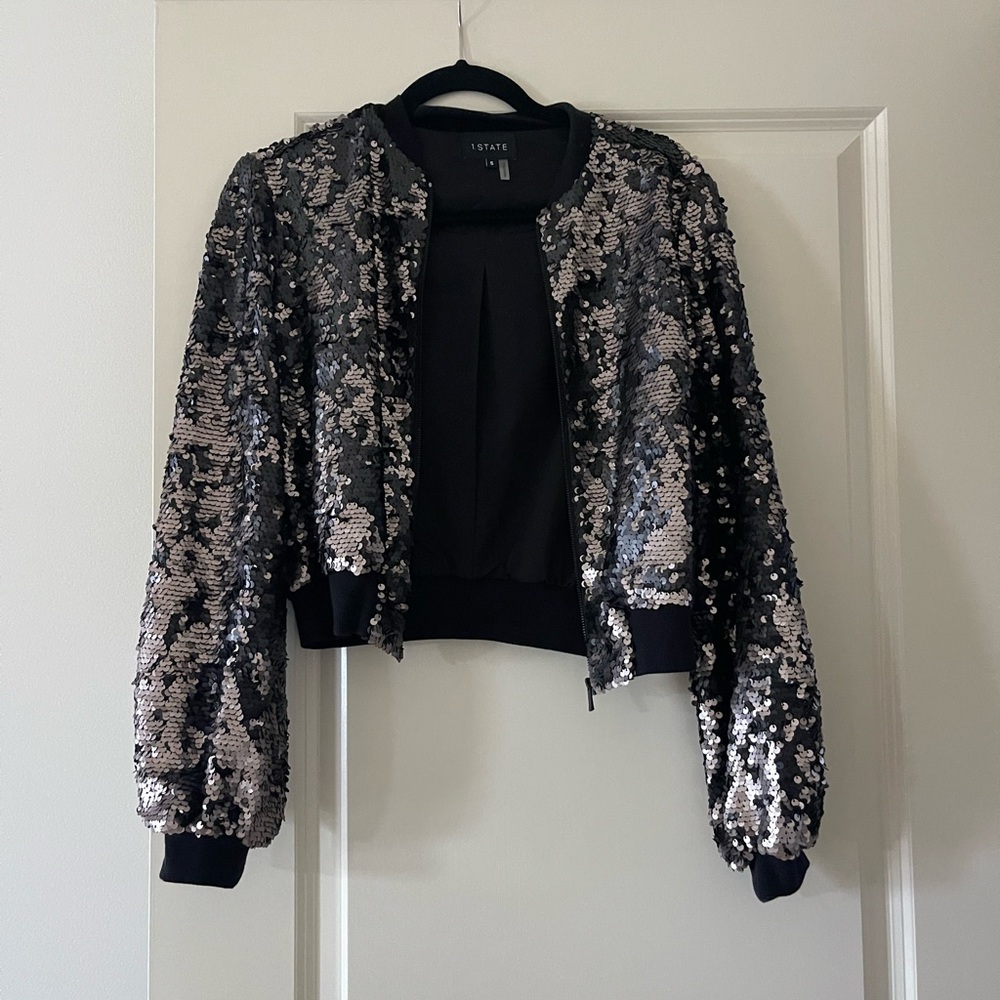 1. State Black and Silver Sequin Bomber Jacket